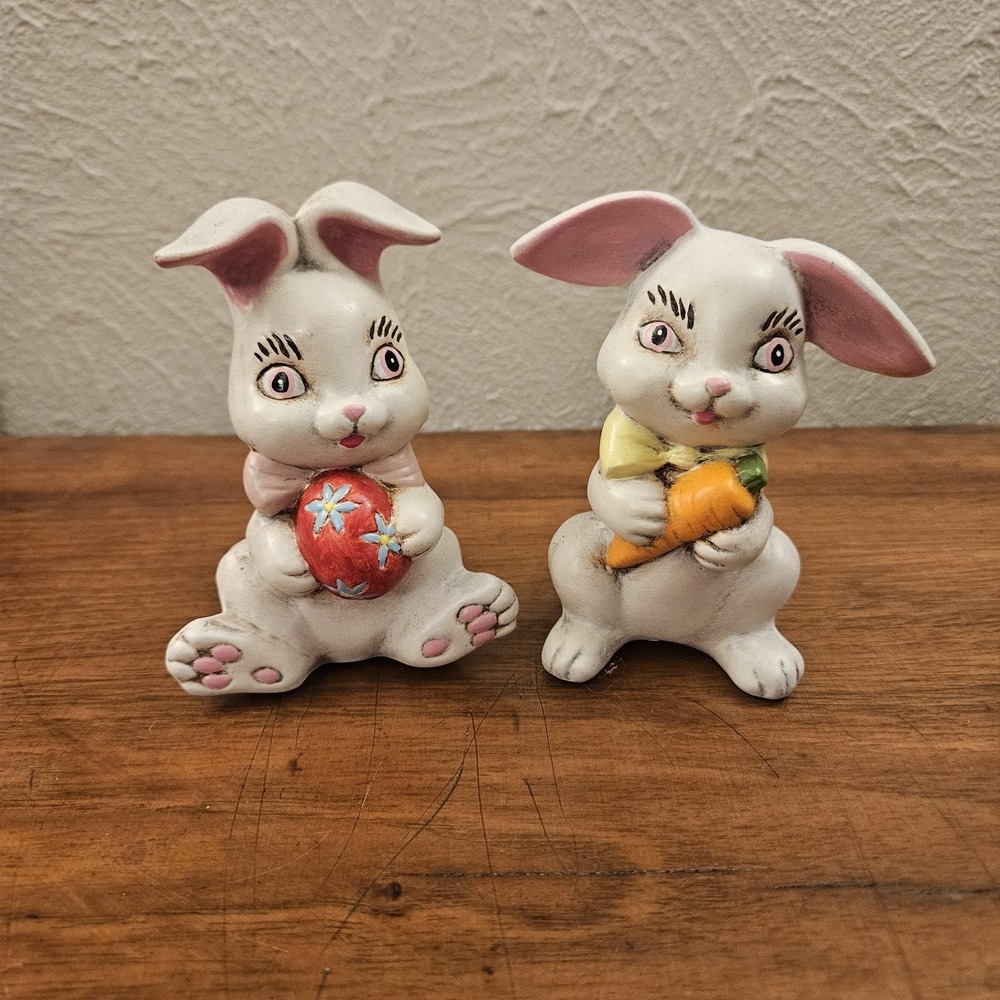 Vintage MCM Ceramic Boy Girl Easter Bunny Rabbit Figurine Statue Handpainted